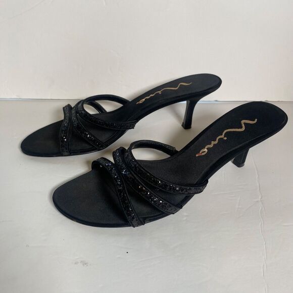 Nina Black Glitter Strap Heels Sandals Size 10 M Satin Kitten Heel 2.5” Dressy - Picture 2 of 9